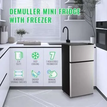 DEMULLER Mini Fridge with Freezer, 2.4 Cu.Ft Personal Refrigerator Only for One Person Use, Silver Tiny Small Size Refrigerator with 7 Level Adjustable Temperature and Double Door