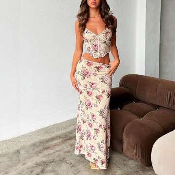 Women Sexy Two Piece Long Skirt Set Y2K Floral Print Maxi Skirt & Cami Top