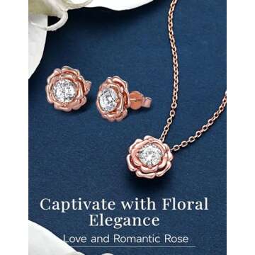MomentWish Floral Necklace, Christmas Gifts for Women, 1Carat Moissanite Love Necklace for Her, 14K Rose Gold Plated Silver Necklace, Birthday Anniversary Jewelry Gifts