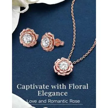 MomentWish Floral Necklace, Christmas Gifts for Women, 1Carat Moissanite Love Necklace for Her, 14K Rose Gold Plated Silver Necklace, Birthday Anniversary Jewelry Gifts