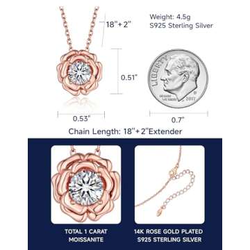MomentWish Floral Necklace, Christmas Gifts for Women, 1Carat Moissanite Love Necklace for Her, 14K Rose Gold Plated Silver Necklace, Birthday Anniversary Jewelry Gifts