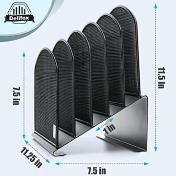 Delifox Inclined Desk File Organizer, 5-Section Vertical File Folder Holder Stand Metal Rack File So...