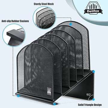 Delifox Inclined Desk File Organizer, 5-Section Vertical File Folder Holder Stand Metal Rack File Sorter for Office Classroom Desktop Organization (Black, 1Pack)