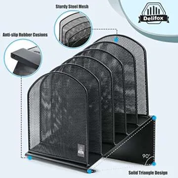 Delifox Inclined Desk File Organizer, 5-Section Vertical File Folder Holder Stand Metal Rack File Sorter for Office Classroom Desktop Organization (Black, 1Pack)