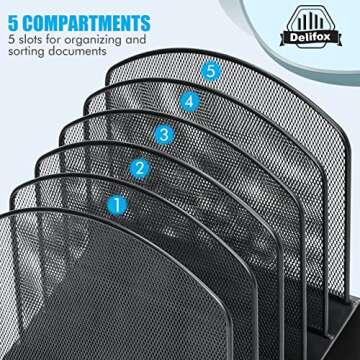 Delifox Inclined Desk File Organizer, 5-Section Vertical File Folder Holder Stand Metal Rack File Sorter for Office Classroom Desktop Organization (Black, 1Pack)