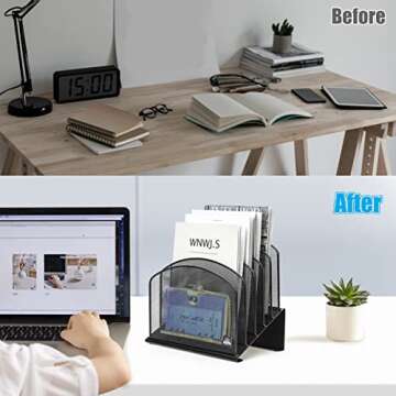 Delifox Inclined Desk File Organizer, 5-Section Vertical File Folder Holder Stand Metal Rack File Sorter for Office Classroom Desktop Organization (Black, 1Pack)