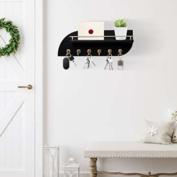 Karisky Key Holder for Wall, Wood Wall Mounted Key Rack with 6 Sturdy Metal Hooks for Bags, Coats, U...