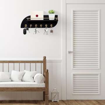 Karisky Key Holder for Wall, Wood Wall Mounted Key Rack with 6 Sturdy Metal Hooks for Bags, Coats, Umbrella, 14 Inches Mail Organizer for Home Entryway Decor, Black and Gold