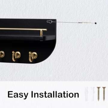 Karisky Key Holder for Wall, Wood Wall Mounted Key Rack with 6 Sturdy Metal Hooks for Bags, Coats, Umbrella, 14 Inches Mail Organizer for Home Entryway Decor, Black and Gold