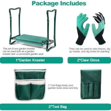 Garden Kneeler and Seat,with 2 Tool Bags Pouches and Claw Gloves,Portable Lightweight Garden Bench Thicken EVA Foam Pad Sturdy Steel Pipe Practical Garden Tools(Green)