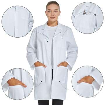 VOGRYE Professional Lab Coat for Women Long Sleeve, White, Unisex L…