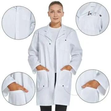 VOGRYE Professional Lab Coat for Women Long Sleeve, White, Unisex L…