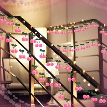 Jexine 3 Pieces Cherry Garland Decor Valentine's Day Cherries Party Decoration Galentine's Day Pompom Felt Bunting Cherries 6.6 Ft Garland Colorful DIY Fruit Hanging for Baby Birthday Wedding(Pink)