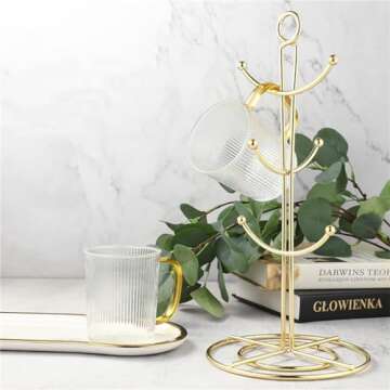 RomanticDesign 6 Holder, Countertop Mug Tree, 6 Hook Coffee Cup Dryer Kitchen Coffee Mug Tree Countertop Tea Cups Holder Stand,Gold