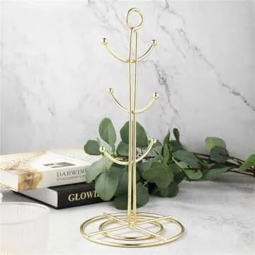 RomanticDesign 6 Holder, Countertop Mug Tree, 6 Hook Coffee Cup Dryer Kitchen Coffee Mug Tree Countertop Tea Cups Holder Stand,Gold