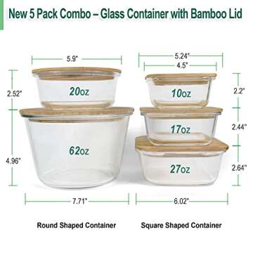 Glass Containers with Bamboo Lids for Food Storage and Meal Prep, Set of 5