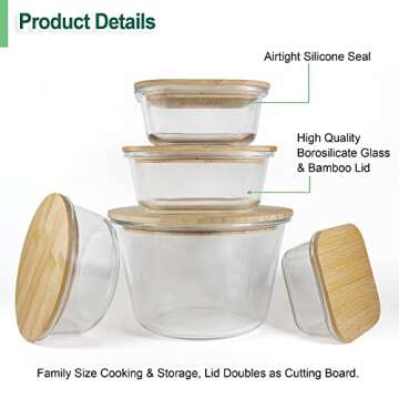 Glass Containers with Bamboo Lids for Food Storage and Meal Prep, Set of 5