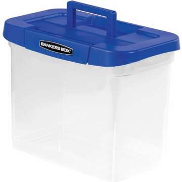 Bankers Box® Heavy-Duty Portable Storage File Box, 10 3/4" x 6 3/4" x 11 3/4", Blue/Clear