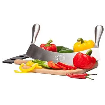 The Bold Bee 12" Stainless Steel Mezzaluna Knife & Cover + FREE Stainless Steel Soap Odor Remover | Pizza Cutter | Fruit, Vegetable & Salad Chopper & Dicer | Herb Mincer