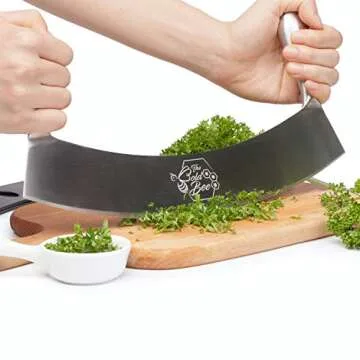 The Bold Bee 12" Stainless Steel Mezzaluna Knife & Cover + FREE Stainless Steel Soap Odor Remover | Pizza Cutter | Fruit, Vegetable & Salad Chopper & Dicer | Herb Mincer