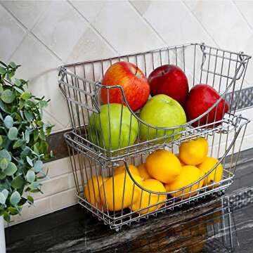 Smart Design Stacking Baskets Organizer w/ Handle - Medium - Steel - for Food, Fruit, & Vegetable Sa...