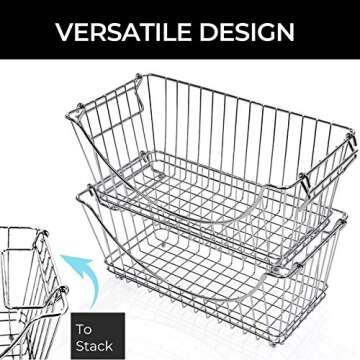 Smart Design Stacking Baskets Organizer w/ Handle - Medium - Steel - for Food, Fruit, & Vegetable Safe - Kitchen (12.63 x 5.5 Inch) [Chrome] (2 Pack)