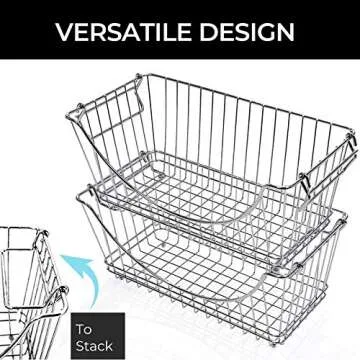 Smart Design Stacking Baskets Organizer w/ Handle - Medium - Steel - for Food, Fruit, & Vegetable Safe - Kitchen (12.63 x 5.5 Inch) [Chrome] (2 Pack)