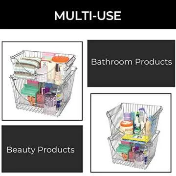 Smart Design Stacking Baskets Organizer w/ Handle - Medium - Steel - for Food, Fruit, & Vegetable Safe - Kitchen (12.63 x 5.5 Inch) [Chrome] (2 Pack)
