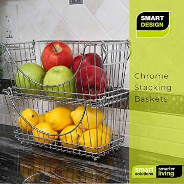 Smart Design Stacking Baskets Organizer w/ Handle - Medium - Steel - for Food, Fruit, & Vegetable Safe - Kitchen (12.63 x 5.5 Inch) [Chrome] (2 Pack)