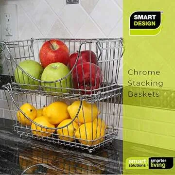 Smart Design Stacking Baskets Organizer w/ Handle - Medium - Steel - for Food, Fruit, & Vegetable Safe - Kitchen (12.63 x 5.5 Inch) [Chrome] (2 Pack)