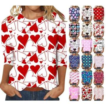 Deals Clearance Items Valentines Day Shirts for Women Crewneck 3/4 Length Sleeve Tee Tops Plus Size Funny Graphic Loose Casual Blouses 2024 Valentines Shirts for Women