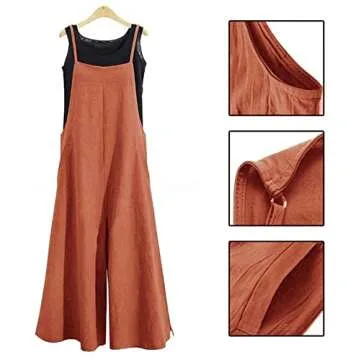 YESNO Women Casual Loose Boyfriend Bib Pants Summer Wide Leg Cotton Jumpsuits Rompers with Pockets XS-5X (M PZZTYP2 Rust)