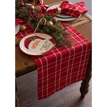 DII Holiday Dining Table Linen Collection Holly Berry Plaid, Christmas Table Runner 14x108, Red & White