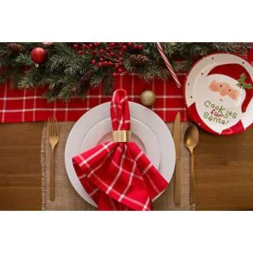 DII Holiday Dining Table Linen Collection Holly Berry Plaid, Christmas Table Runner 14x108, Red & White