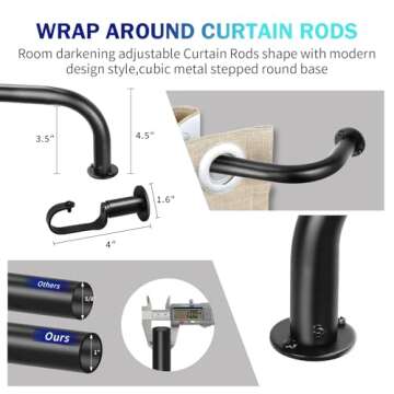 Urbanest Energy Saving Wrap Around Black Out Return Adjustable Window Curtain Metal Rod Set, 1-inch Diameter, 96" to 144", Matte Black