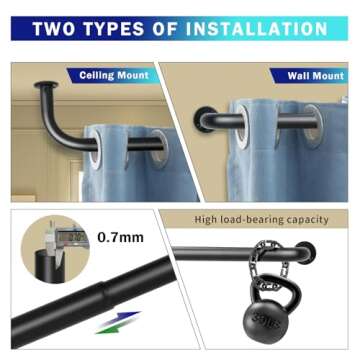 Urbanest Energy Saving Wrap Around Black Out Return Adjustable Window Curtain Metal Rod Set, 1-inch Diameter, 96" to 144", Matte Black