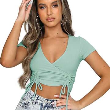 DREAM SLIM-Women's Sexy Deep V Neck Ribbed Crop Tops Ruched Drawstring Front Workout Basic Tank Tops Club Tee Yoga Shirts (Green, Large, l)