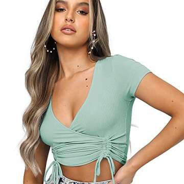 DREAM SLIM-Women's Sexy Deep V Neck Ribbed Crop Tops Ruched Drawstring Front Workout Basic Tank Tops Club Tee Yoga Shirts (Green, Large, l)
