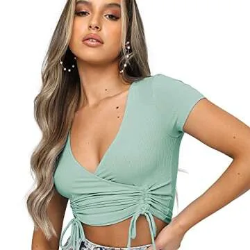 DREAM SLIM-Women's Sexy Deep V Neck Ribbed Crop Tops Ruched Drawstring Front Workout Basic Tank Tops Club Tee Yoga Shirts (Green, Large, l)