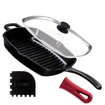 Cuisinel Cast Iron Square Grill Pan with Glass Lid, Scraper & Handle Cover - 10.5 Inch, Pre-Seasoned...