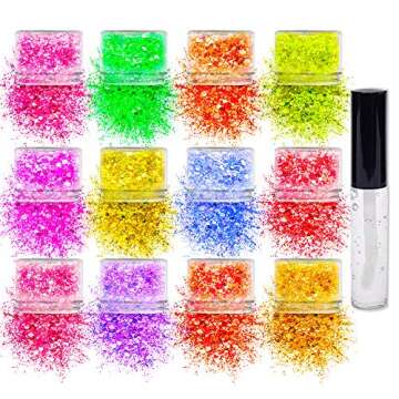 Neon Holographic Body Glitter I 12 Colors + 1 Glitter Glue for Face, Hair, Nail, Eye & Glitter Eyesh...