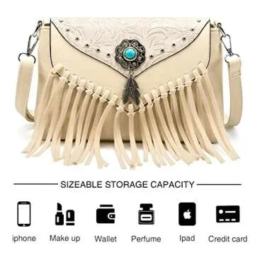 LAVAWA Small Crossbody Bags for Women Crossbody Handbag Fringe Purse Tassel Shoulder Bag Turquoise Concho Wallet