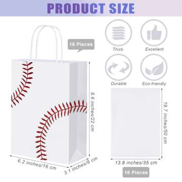Durony 16 Pieces Baseball Party Favor Bags with Handles for Celebrations