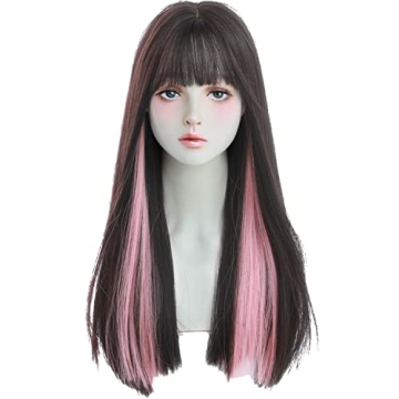 7JHH WIGS Black Wig with Bangs Long Straight Synthetic Hair Wigs for Women Highlight Colorful Cospla...