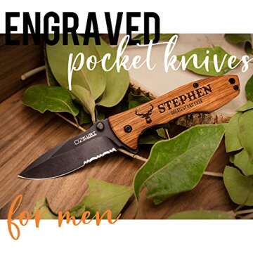 Gifts for Men, Personalized Engraved Oak Wood Pocket Knife - 36 Icons, 20 Stylish Font - Custom Pock...