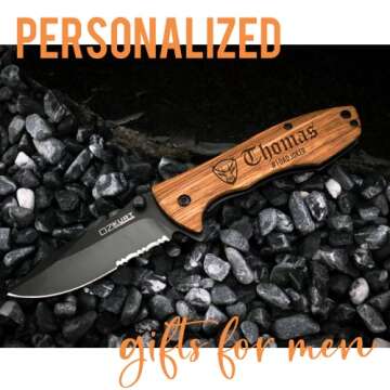 Gifts for Men, Personalized Engraved Oak Wood Pocket Knife - 36 Icons, 20 Stylish Font - Custom Pocket Knives