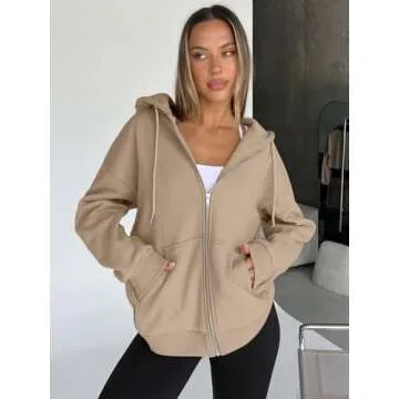 Trendy Queen Womens Zip Up Hoodies Oversized Sweatshirts Fall Fashion Outfits Casual Jackets 2025 Winter Clothes Dark Khaki S