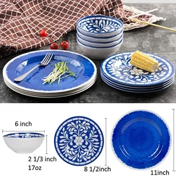 Yinshine Melamine Dinnerware Set - 12 Pcs Dinner Dishes Set for 4, Plates and Bowls Set for Inoddr & Outdoor Use- Dishwasher Safe, Unbreakable, Blue