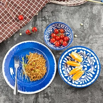 Yinshine Melamine Dinnerware Set - 12 Pcs Dinner Dishes Set for 4, Plates and Bowls Set for Inoddr & Outdoor Use- Dishwasher Safe, Unbreakable, Blue