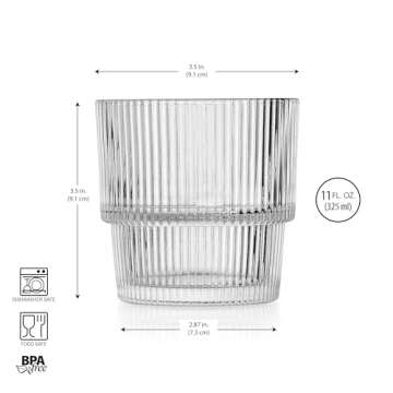 Glaver's Ribbed Drinking Glasses Set of 4, 11 oz, Rocks Whiskey Glasses Stylish Modern Vintage Short Origami Clear Water Glass Cups for Juice, Whiskey, Beverages. Stackable